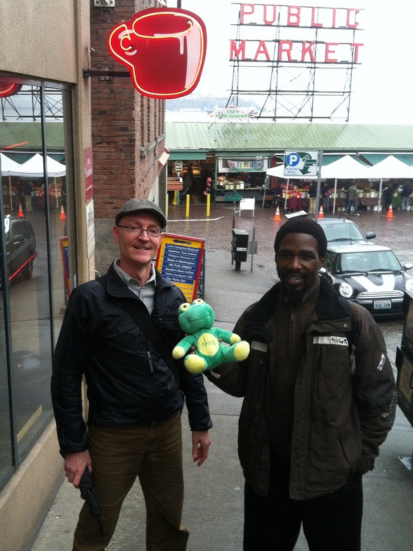 Ed, Frog Quaffer and Mzukisi outside Seattle's Best Coffee